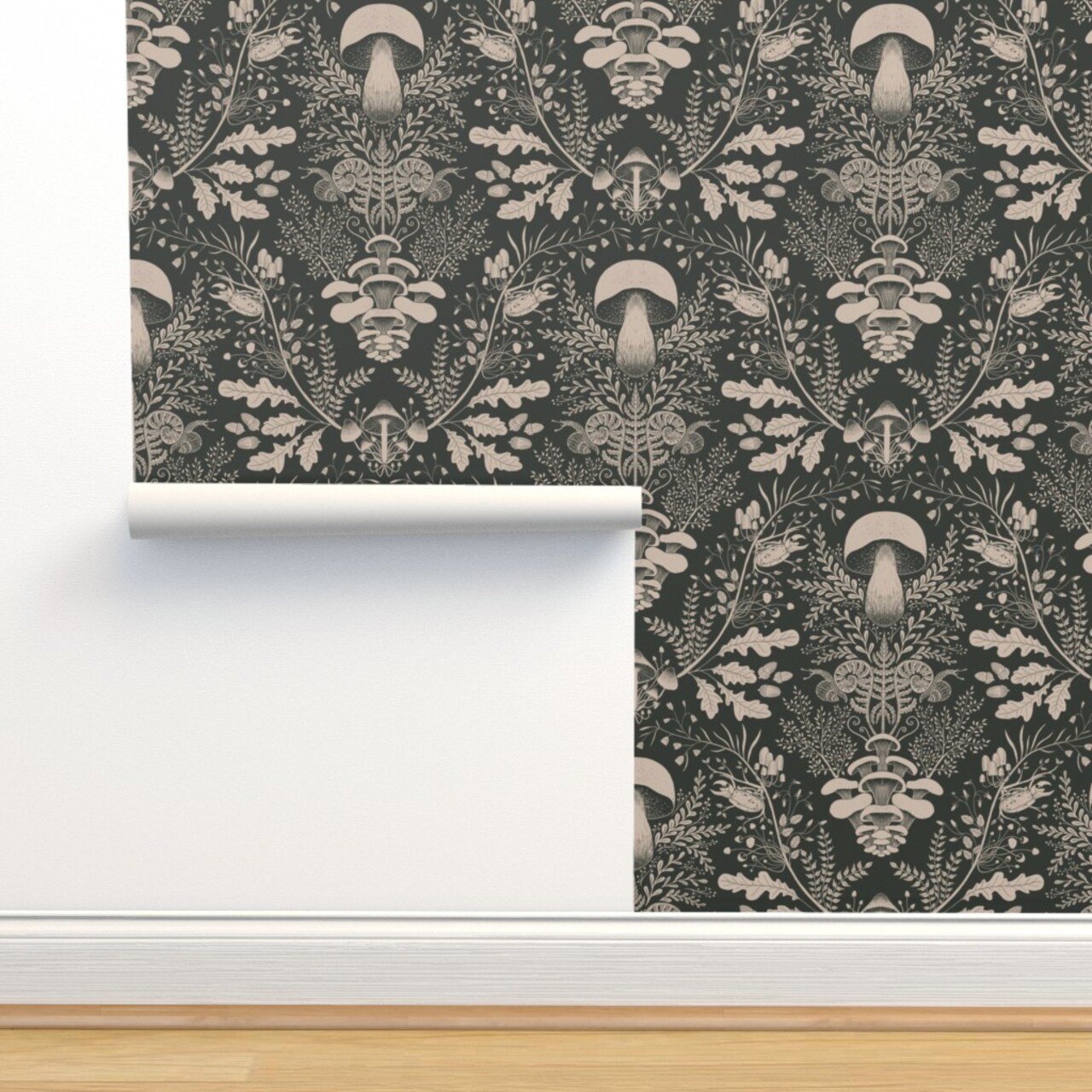 Neutral Woodland Dark Green Cream Beige Forest Damask Mushroom Gray Custom Removable Wallpaper by Spoonflower Peel & Stick Wallpaper 2FT Wide